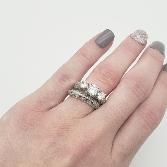 S925 Sterling Silver Filigree CZ Wedding Ring Set - Picture 4 of 4